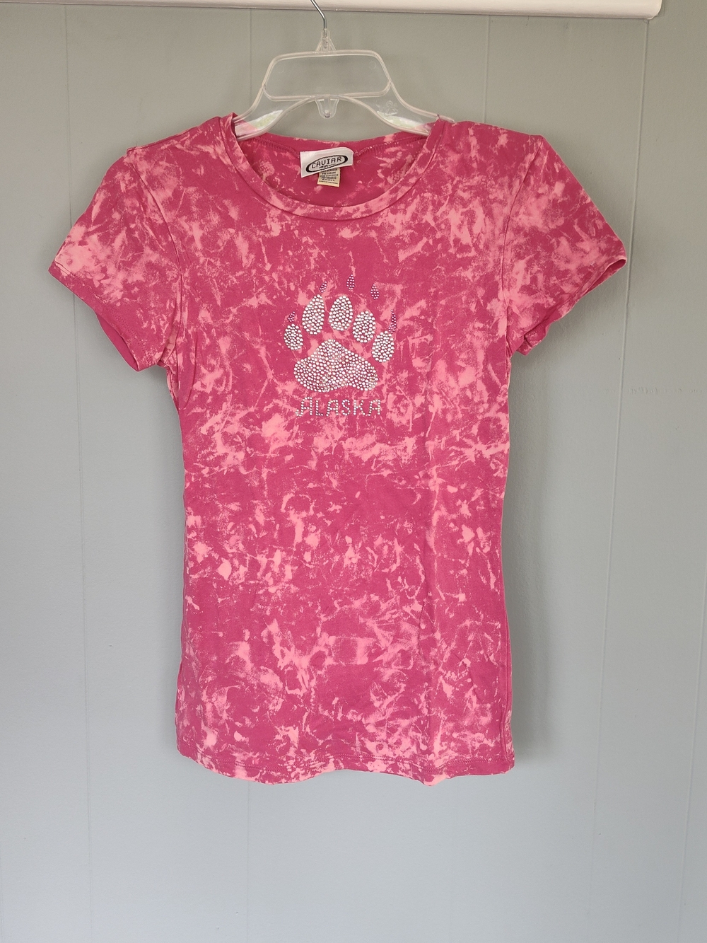 ($1) Vintage Pink Tie-Dye Paw Graphic Tee - Text "Alaska"
